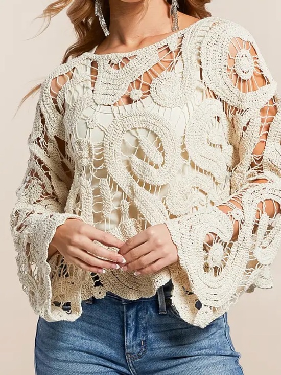 willow & root Tops - Crochet Open Weave Scalloped Sweater